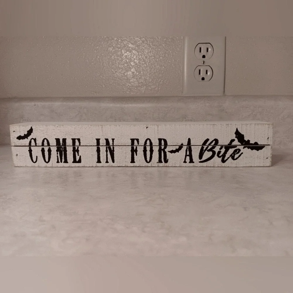 Halloween Decor, Vampire Style, 'Come in for a Bite' SIGN hangs on wall, bats